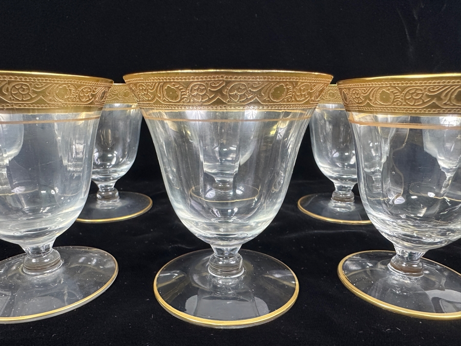 Set of (8) Vintage MCM Tiffin Franciscan Minton Crystal Oyster/Fruit Cocktail Glasses with Gold Encrusted Rim 7'H [Photo 3]