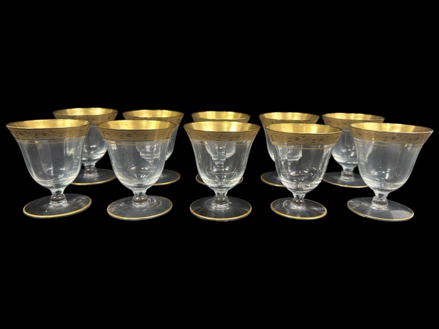 Set of (8) Vintage MCM Tiffin Franciscan Minton Crystal Oyster/Fruit Cocktail Glasses with Gold Encrusted Rim 7'H [Photo 1]