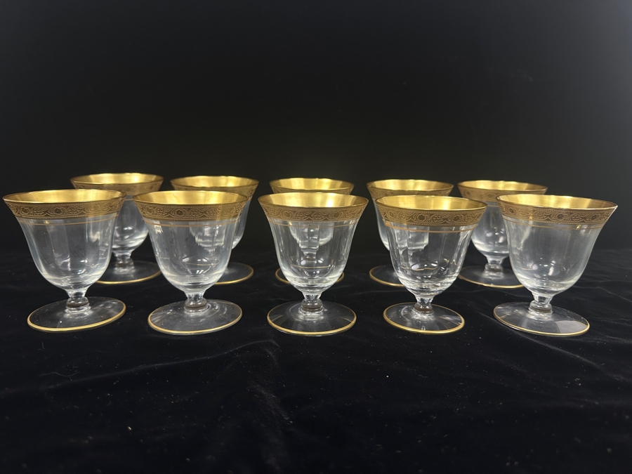 Set of (8) Vintage MCM Tiffin Franciscan Minton Crystal Oyster/Fruit Cocktail Glasses with Gold Encrusted Rim 7'H [Photo 2]