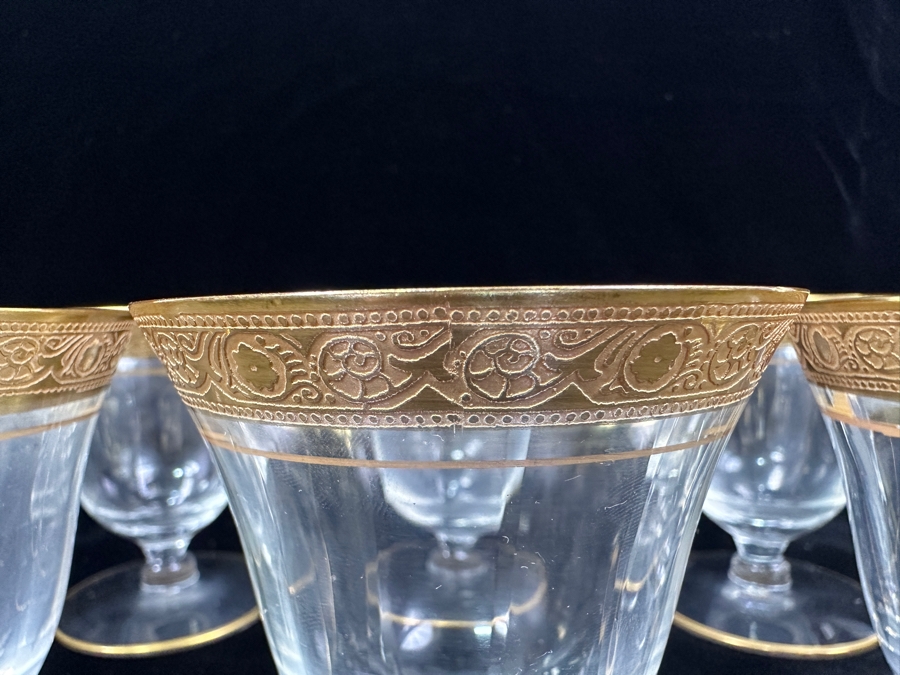 Set of (8) Vintage MCM Tiffin Franciscan Minton Crystal Oyster/Fruit Cocktail Glasses with Gold Encrusted Rim 7'H [Photo 4]
