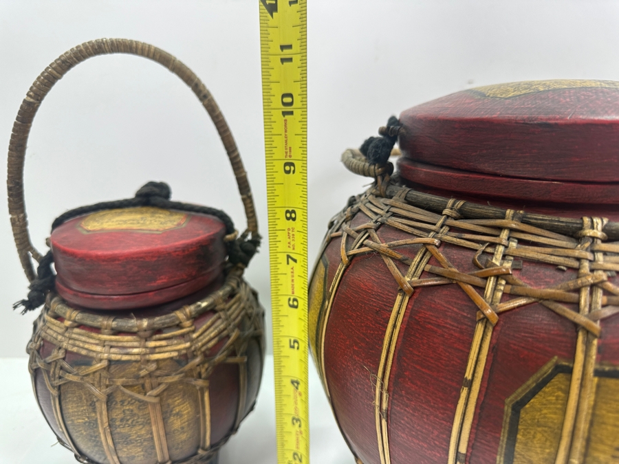 (3) Thai Hand Painted Bamboo Rice Storage Baskets 10.5'H [Photo 7]