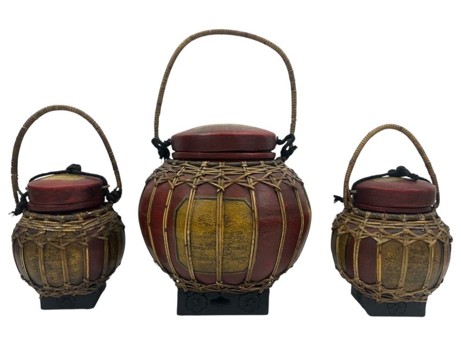 (3) Thai Hand Painted Bamboo Rice Storage Baskets 10.5'H [Photo 1]
