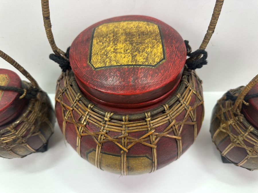 (3) Thai Hand Painted Bamboo Rice Storage Baskets 10.5'H [Photo 4]