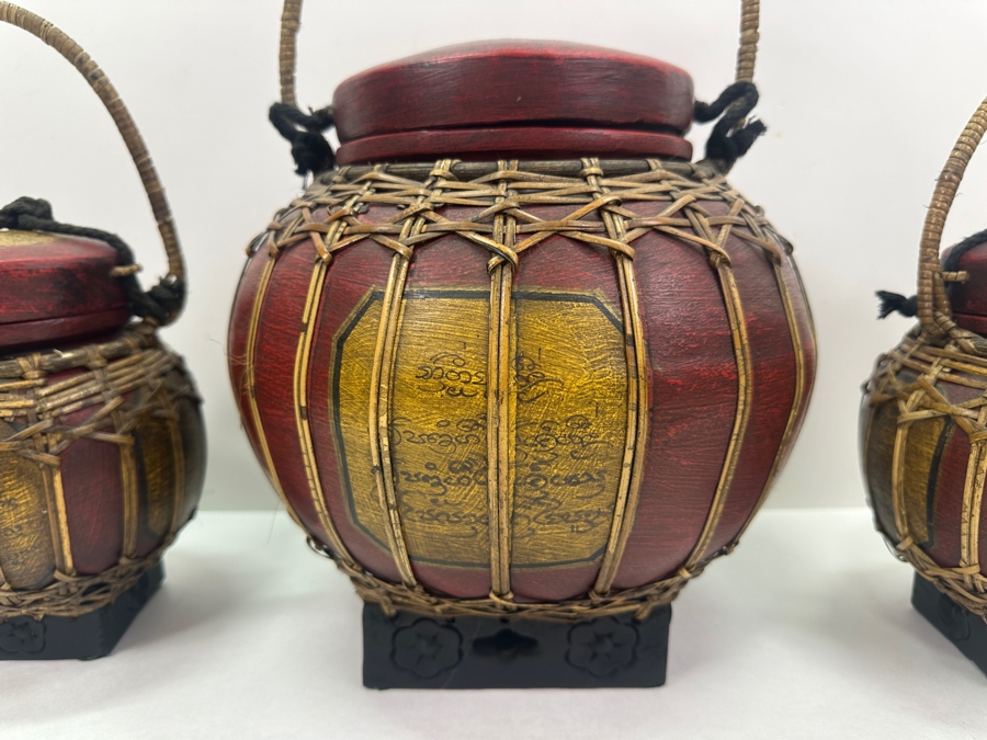 (3) Thai Hand Painted Bamboo Rice Storage Baskets 10.5'H [Photo 2]