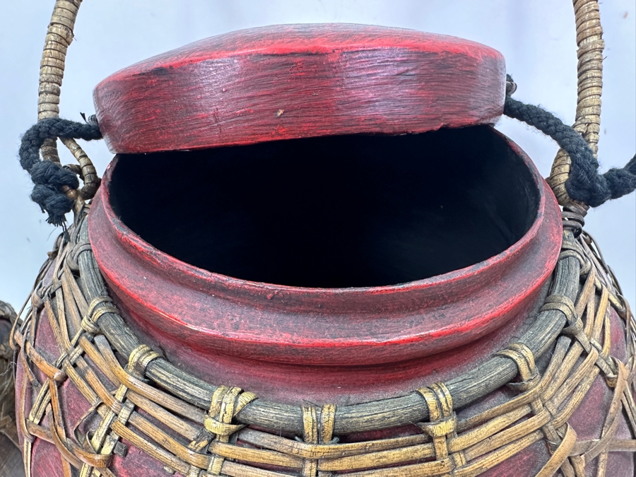(3) Thai Hand Painted Bamboo Rice Storage Baskets 10.5'H [Photo 5]