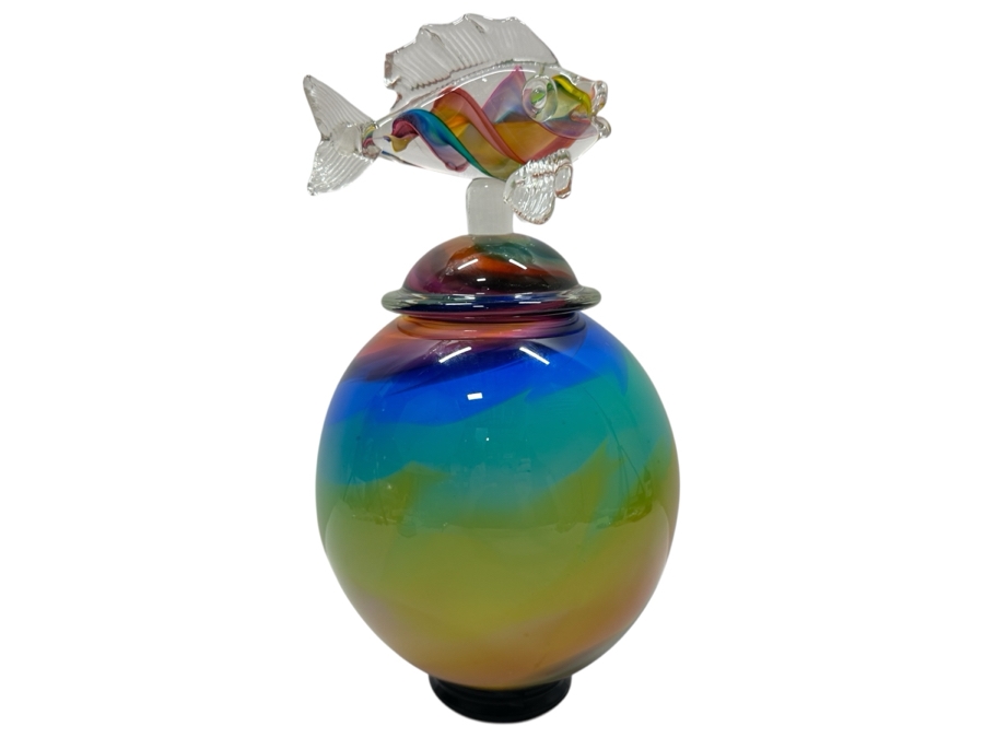Signed Art Glass Urn Jar With Fish Finial 16'H