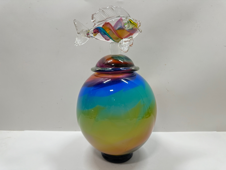 Signed Art Glass Urn Jar With Fish Finial 16'H [Photo 2]