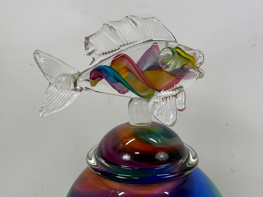 Signed Art Glass Urn Jar With Fish Finial 16'H [Photo 3]