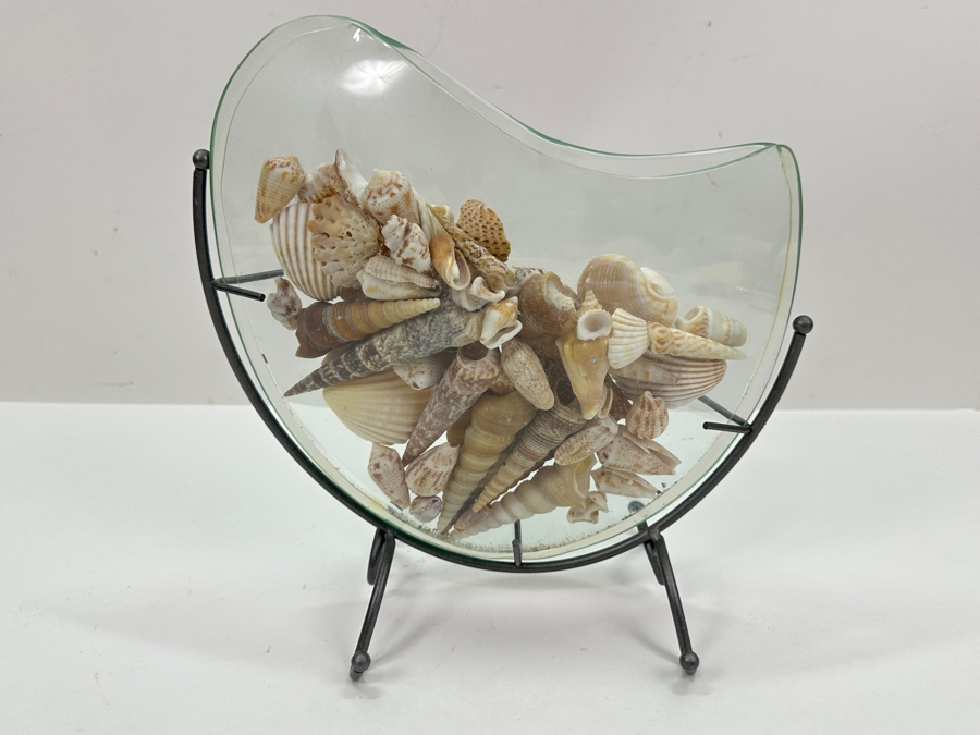 Glass Vase With Metal Stand Filled With Organic Seashells 10W X 10H [Photo 2]
