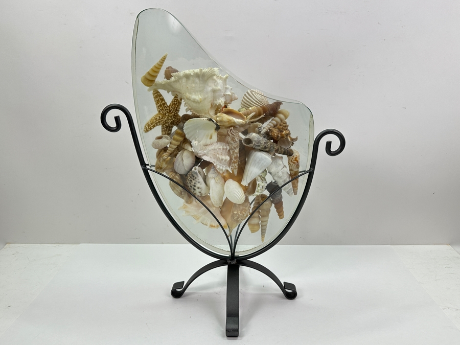 Glass Vase With Metal Stand Filled With Organic Seashells 15.5W X 19H [Photo 2]