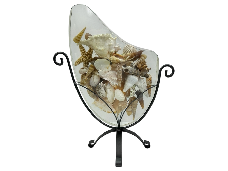 Glass Vase With Metal Stand Filled With Organic Seashells 15.5W X 19H [Photo 1]