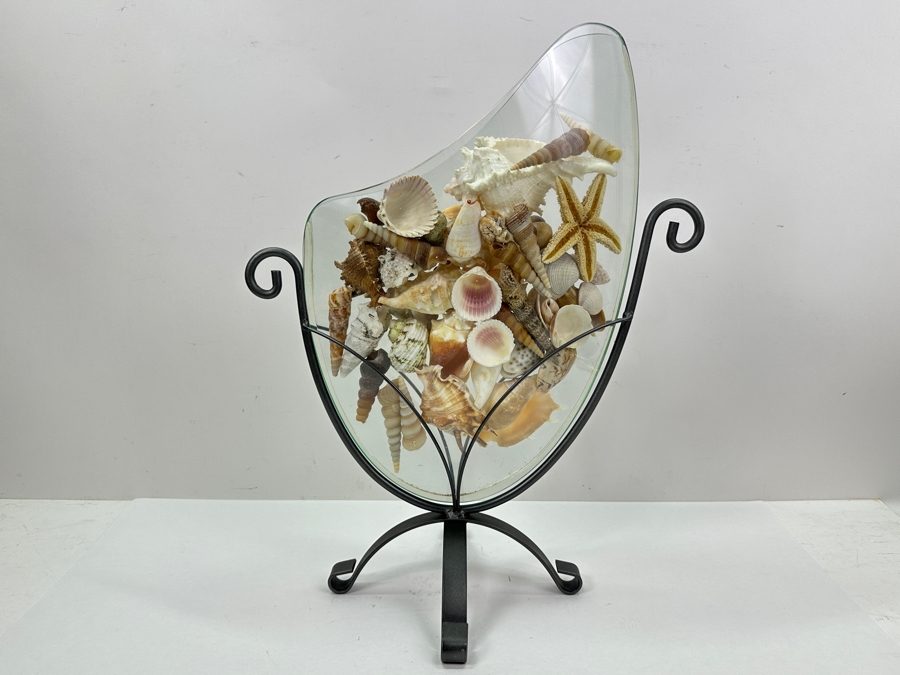 Glass Vase With Metal Stand Filled With Organic Seashells 15.5W X 19H [Photo 8]