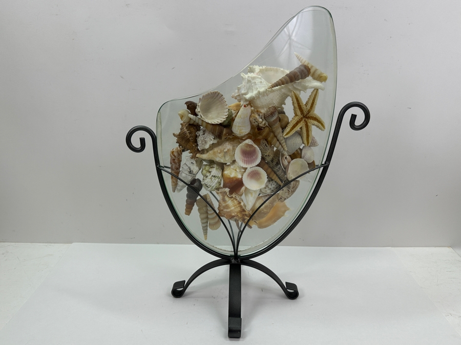 Glass Vase With Metal Stand Filled With Organic Seashells 15.5W X 19H [Photo 7]