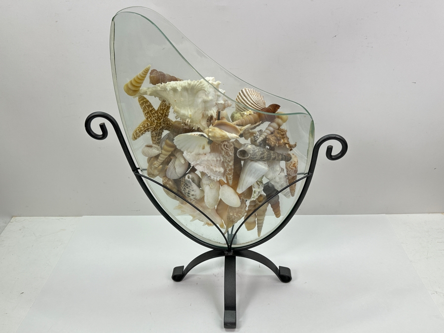 Glass Vase With Metal Stand Filled With Organic Seashells 15.5W X 19H [Photo 3]