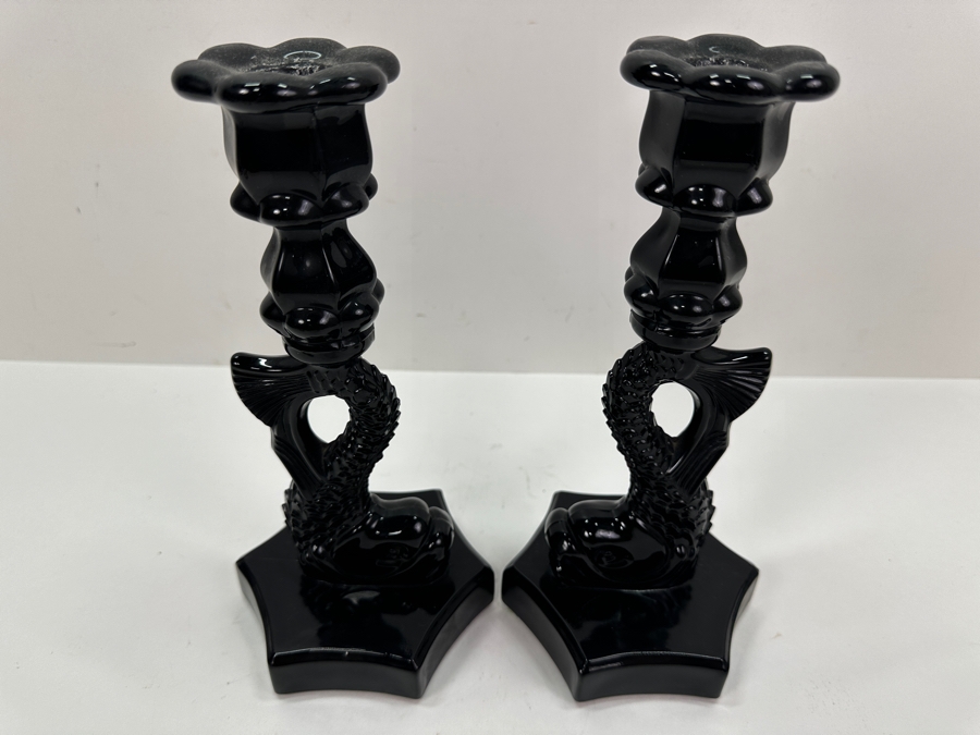 Pair Of Vintage Black Westmoreland Glass Dolphin Candle Holders 9'H [Photo 4]
