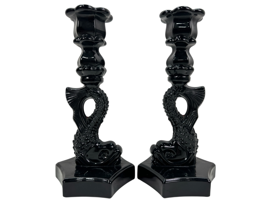 Pair Of Vintage Black Westmoreland Glass Dolphin Candle Holders 9'H [Photo 1]