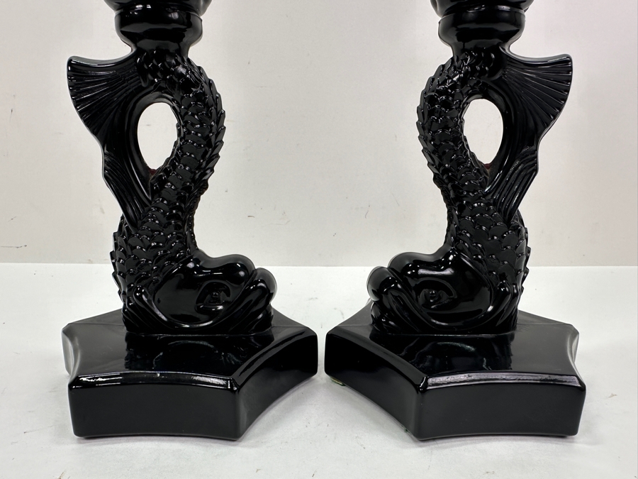 Pair Of Vintage Black Westmoreland Glass Dolphin Candle Holders 9'H [Photo 3]