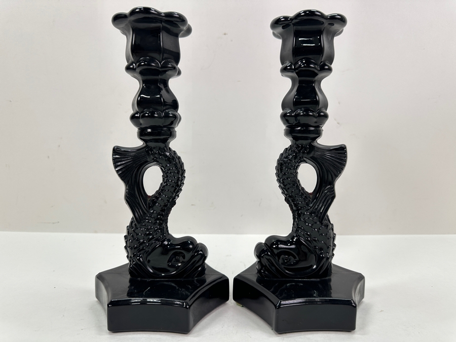 Pair Of Vintage Black Westmoreland Glass Dolphin Candle Holders 9'H [Photo 2]