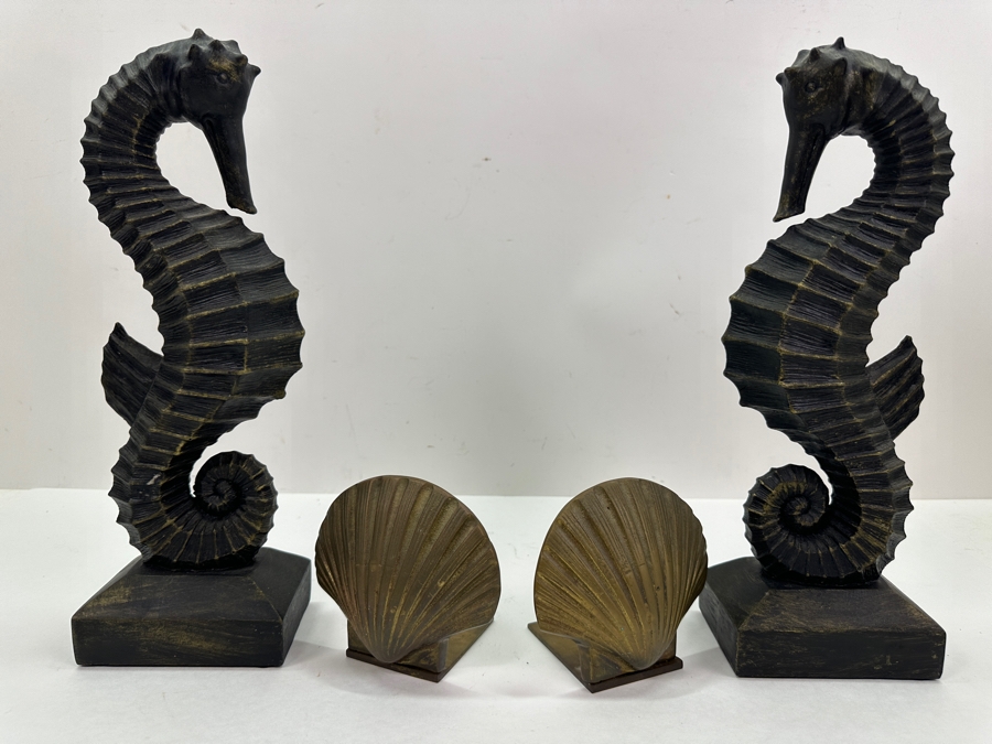 Pair Of Z Gallerie Seahorse Decor 12'H And Brass Shell Bookends [Photo 2]