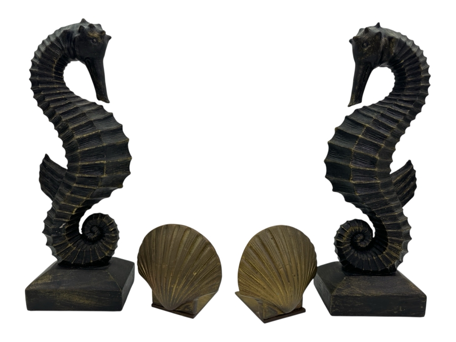 Pair Of Z Gallerie Seahorse Decor 12'H And Brass Shell Bookends [Photo 1]