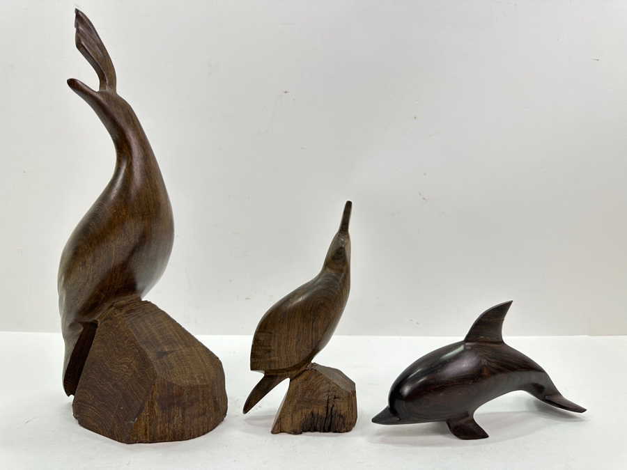Vintage Carved Ironwood Figurines: (1) Dolphin & (2) Birds 4'H To 10.5'H [Photo 2]