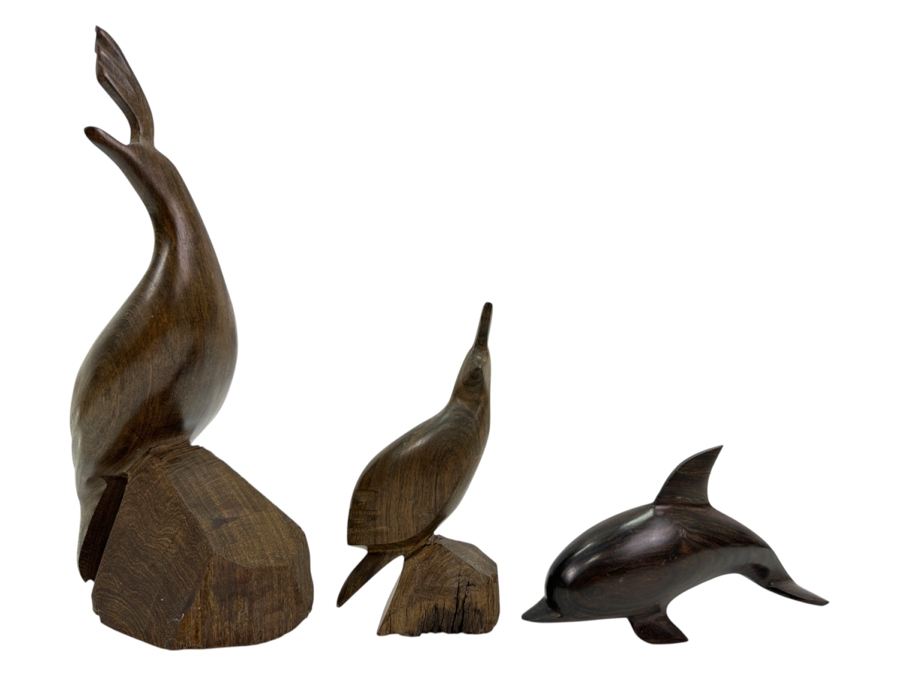 Vintage Carved Ironwood Figurines: (1) Dolphin & (2) Birds 4'H To 10.5'H [Photo 1]