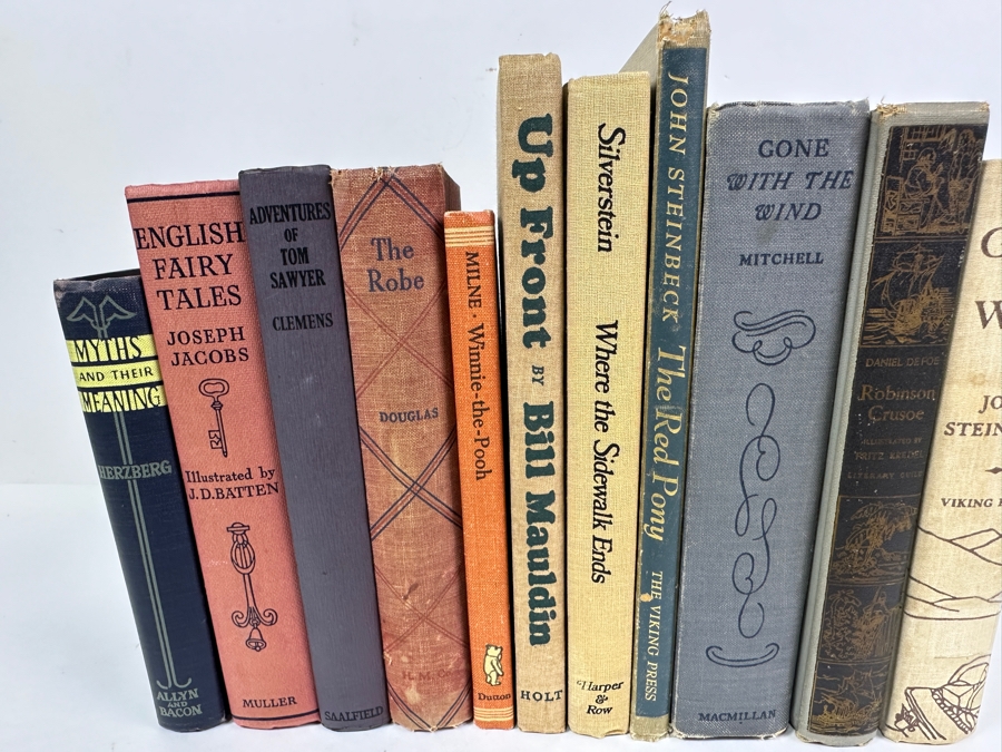 Collection Of (11) Vintage Hardcover Books: Adventures Of Tom Sawyer Clemens, Winnie-The-Pooh Milne, Where The Sidewalk Ends Silverstein, Gone With The Wind Mitcher, Robinson Crusoe Daniel Defoe, Grapes Of Wrath John Steinbeck & More [Photo 4]
