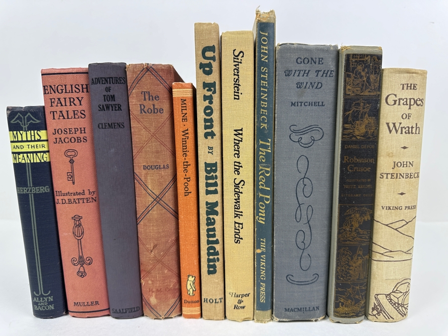 Collection Of (11) Vintage Hardcover Books: Adventures Of Tom Sawyer Clemens, Winnie-The-Pooh Milne, Where The Sidewalk Ends Silverstein, Gone With The Wind Mitcher, Robinson Crusoe Daniel Defoe, Grapes Of Wrath John Steinbeck & More [Photo 2]
