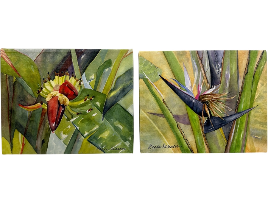 Pair Of Linda Swanson Watercolor Giclee On Canvas Prints Hand Signed On Verso Titled 'Nancy's Bananas' & 'Black Birds Of Paradis' 10 X 8