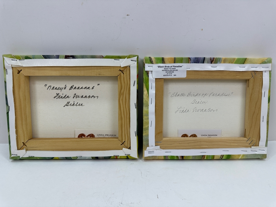 Pair Of Linda Swanson Watercolor Giclee On Canvas Prints Hand Signed On Verso Titled 'Nancy's Bananas' & 'Black Birds Of Paradis' 10 X 8 [Photo 4]