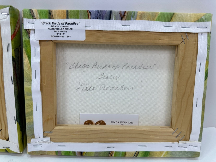 Pair Of Linda Swanson Watercolor Giclee On Canvas Prints Hand Signed On Verso Titled 'Nancy's Bananas' & 'Black Birds Of Paradis' 10 X 8 [Photo 6]