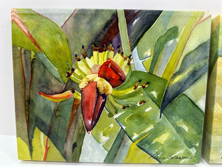 Pair Of Linda Swanson Watercolor Giclee On Canvas Prints Hand Signed On Verso Titled 'Nancy's Bananas' & 'Black Birds Of Paradis' 10 X 8 [Photo 3]