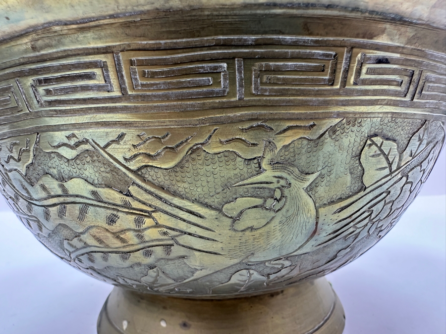 Vintage Chinese Footed Brass Jardiniere Bowl With Dragon Design 10.25'W X 5.5'H [Photo 6]