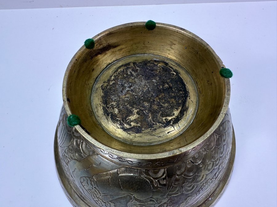 Vintage Chinese Footed Brass Jardiniere Bowl With Dragon Design 10.25'W X 5.5'H [Photo 10]