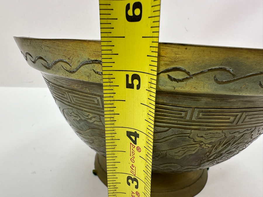Vintage Chinese Footed Brass Jardiniere Bowl With Dragon Design 10.25'W X 5.5'H [Photo 12]