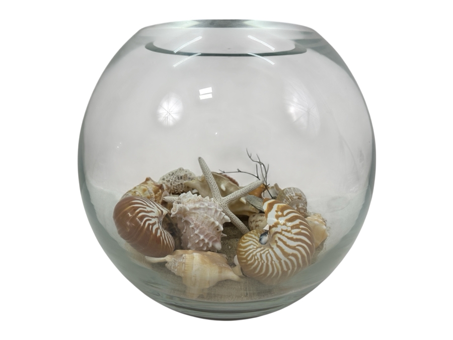 Decorative Glass Bowl with Organic Seashells 10'W X 10'H