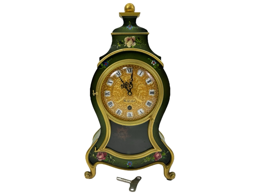 Vintage Hand Painted Du Chateau SSS Fabrik Marke Mantle Clock With Key Working 6.5'W x 3.25'D X 12'H