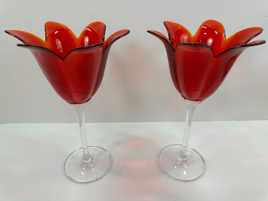 Set of (2) Glass Tulip Vases 12' H [Photo 2]