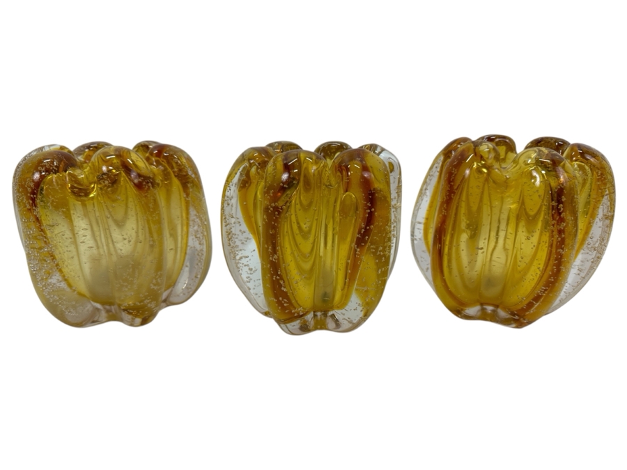 Set of (3) Mouth Blown Amber Colored Glass Votives 5'H