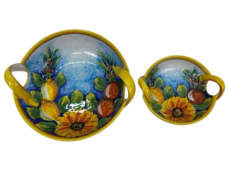 Pair Of Hand Painted Italian Bowls With Handles  13' W & 8.5' W