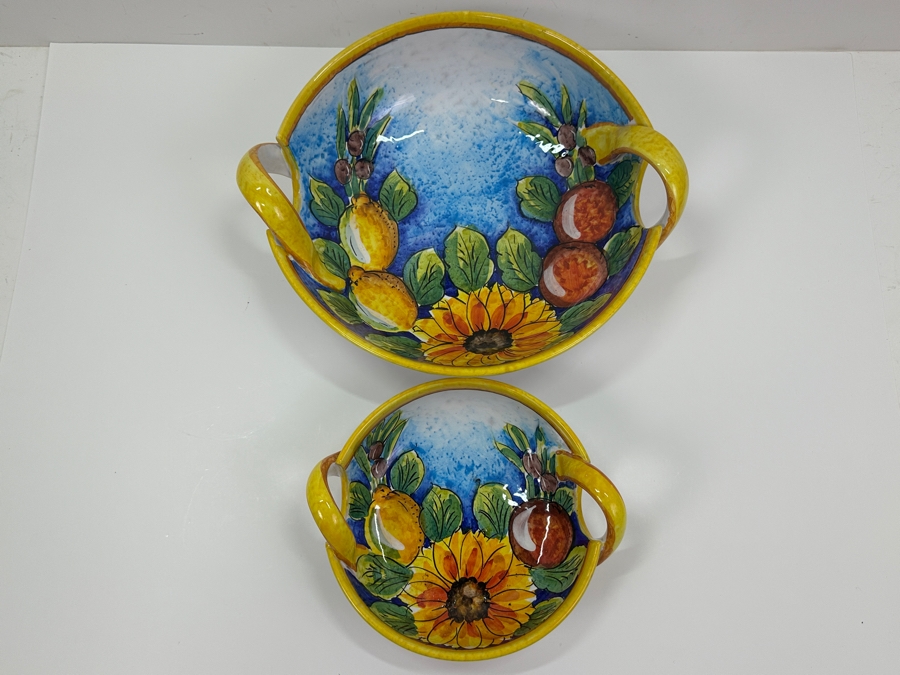 Pair Of Hand Painted Italian Bowls With Handles  13' W & 8.5' W [Photo 3]
