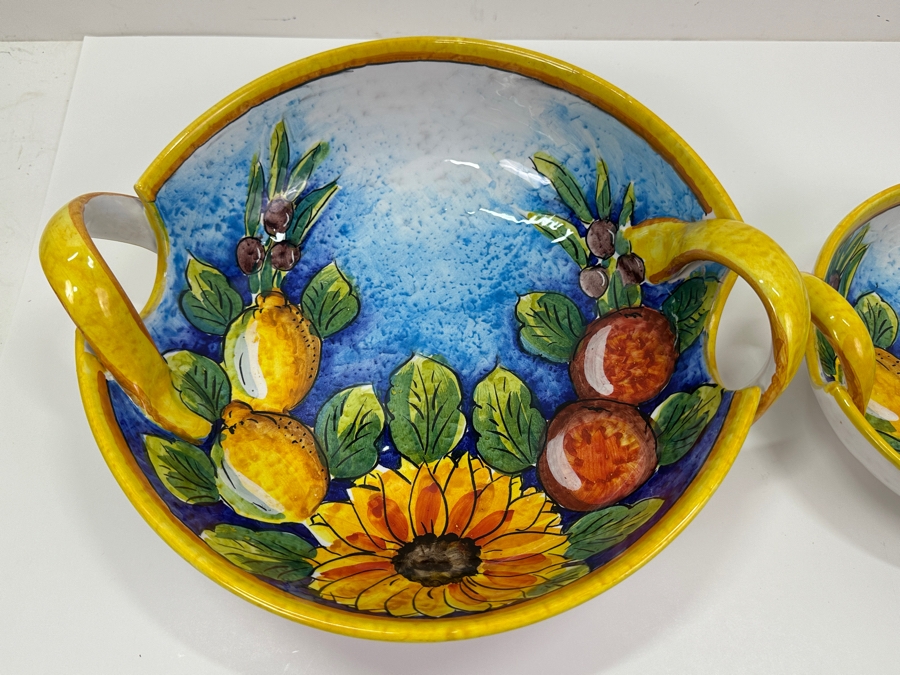 Pair Of Hand Painted Italian Bowls With Handles  13' W & 8.5' W [Photo 2]