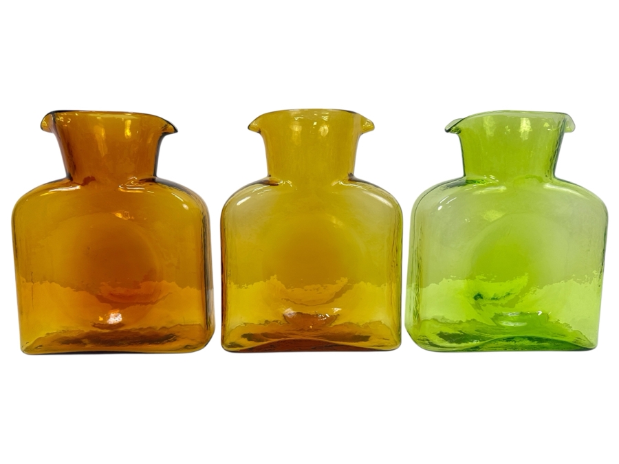 Set of (3) Vintage Amber and Green Blenko Double Spout Pitchers 8' H