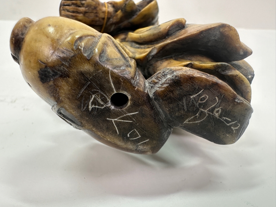 Vintage Signed Carved Stone Japanese Figurine On Wooden Base [Photo 10]