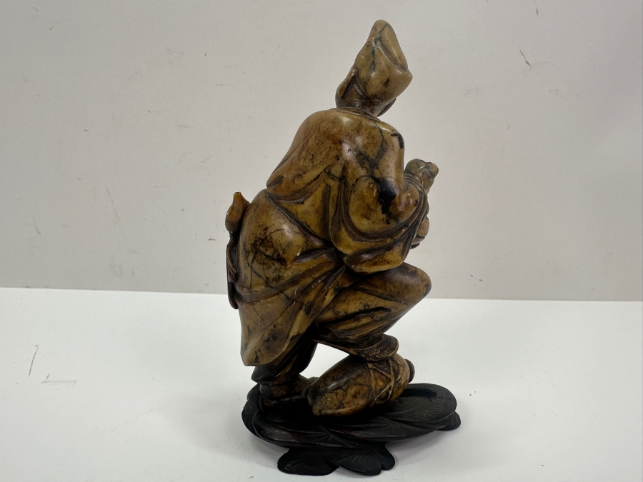 Vintage Signed Carved Stone Japanese Figurine On Wooden Base [Photo 8]