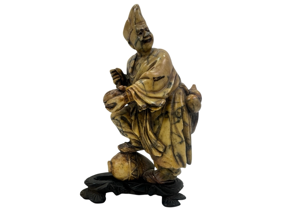 Vintage Signed Carved Stone Japanese Figurine On Wooden Base