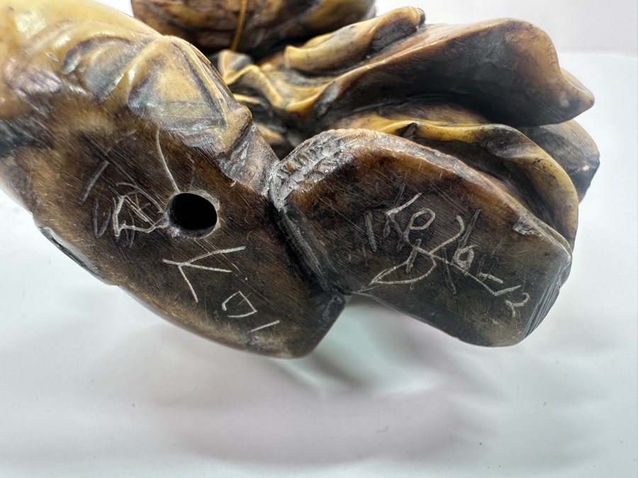 Vintage Signed Carved Stone Japanese Figurine On Wooden Base [Photo 11]