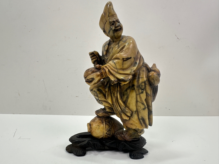 Vintage Signed Carved Stone Japanese Figurine On Wooden Base [Photo 2]