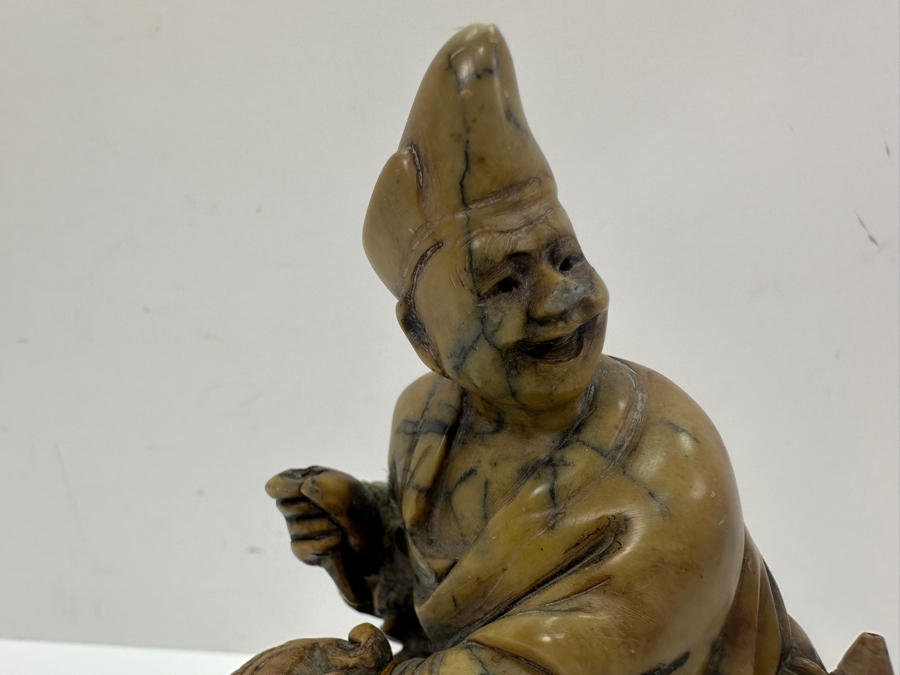 Vintage Signed Carved Stone Japanese Figurine On Wooden Base [Photo 3]