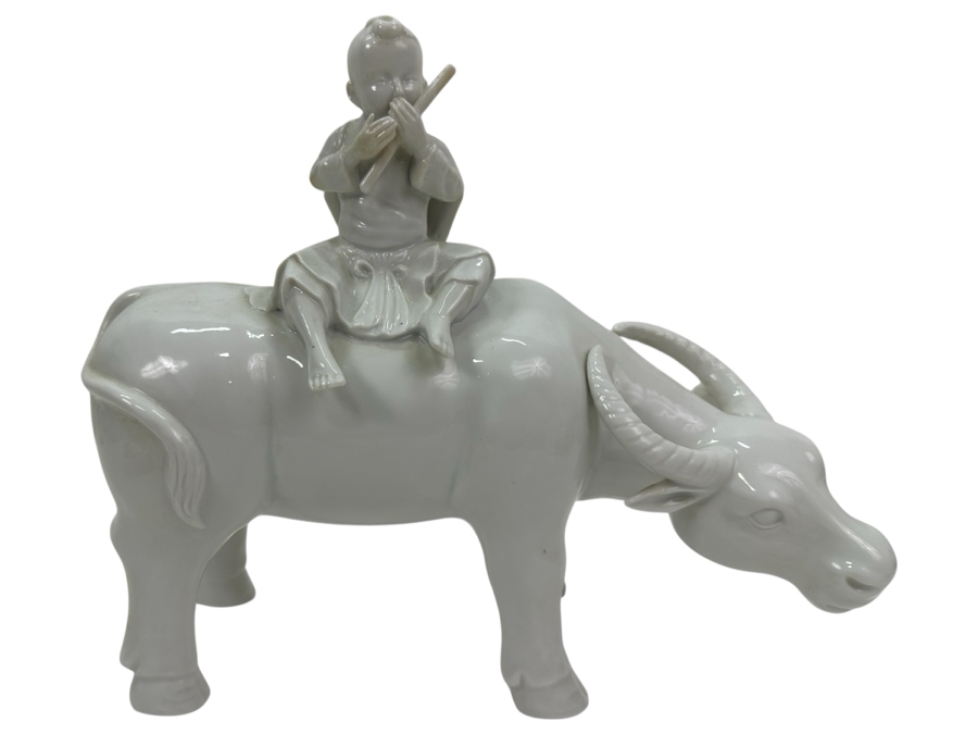 Vintage Chinese White Porcelain Boy on Water Buffalo Figurine 12'W x 5'D X 10'H